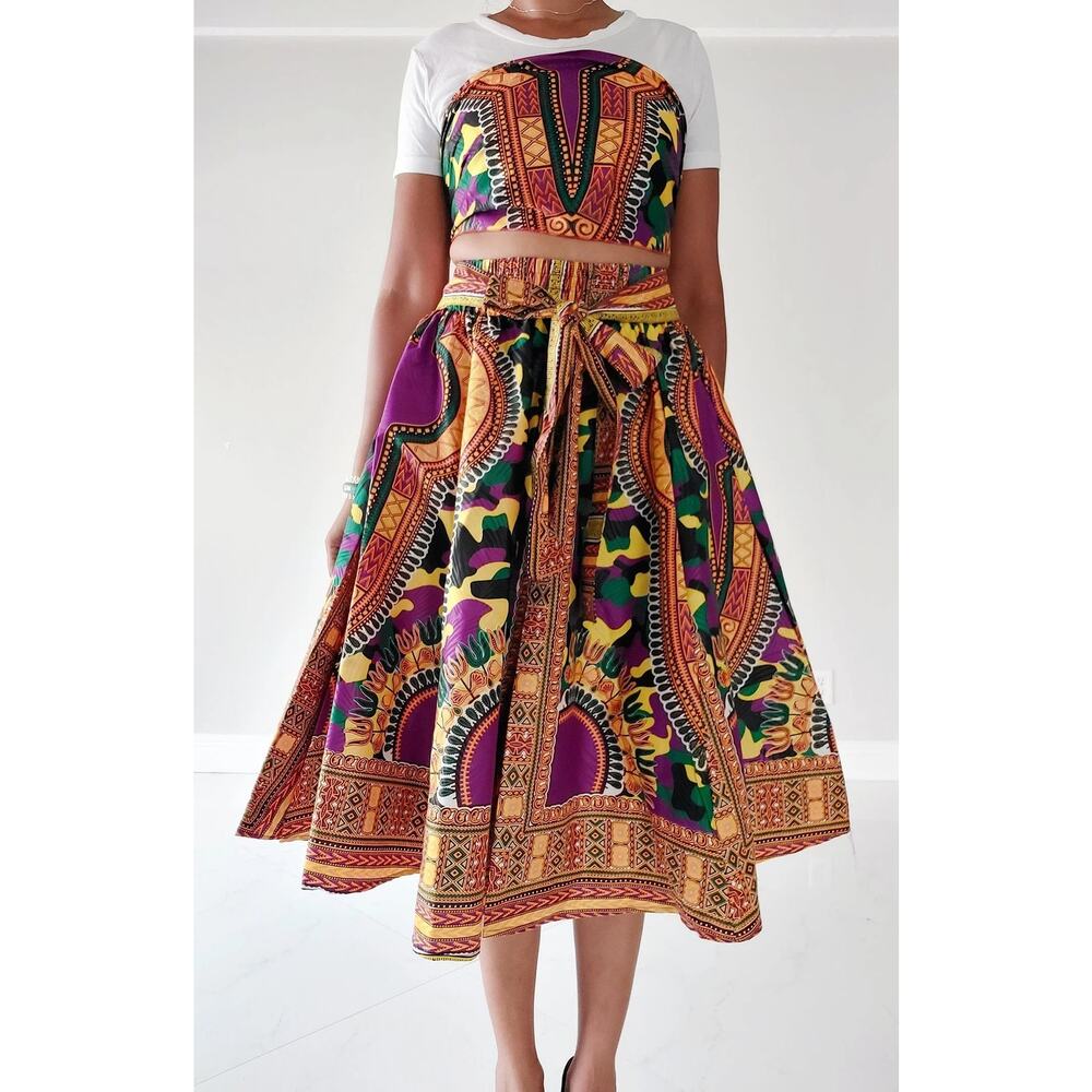 Women Mid Length Dashiki Print Skirt- Purple with headwrap (free size)